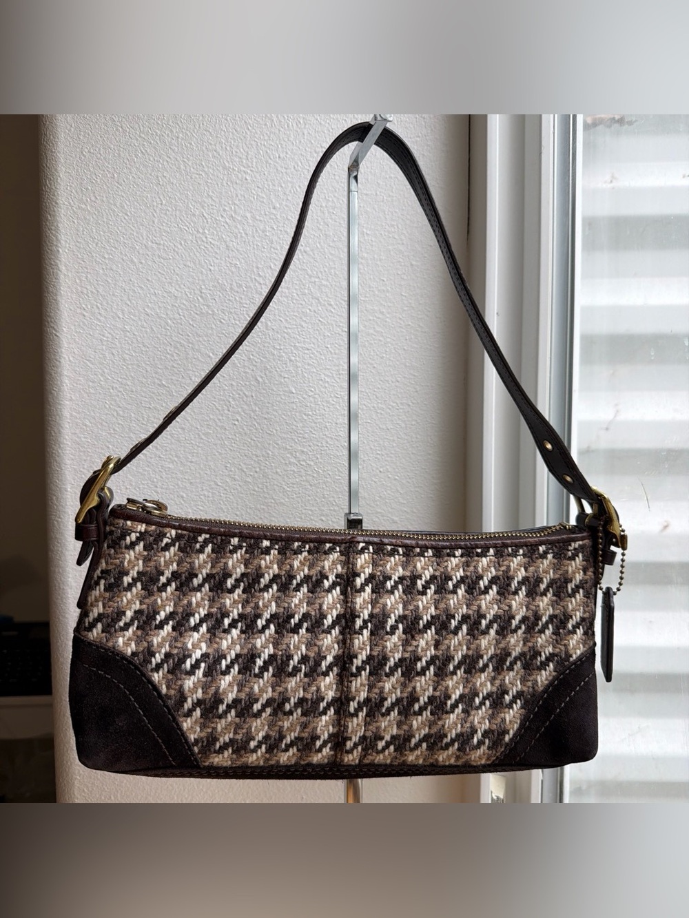 Coach Brown and Beige Demi Tweed Shoulder Bag with Dark Brown Trim